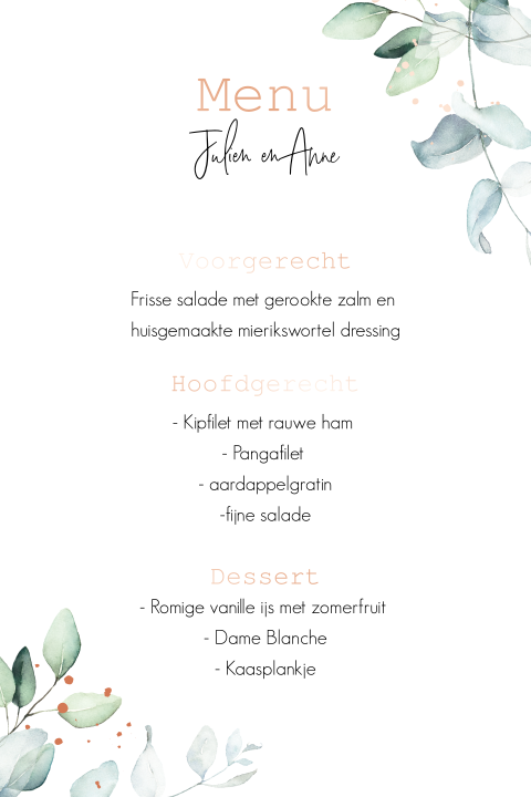 Menukaart met roségoudfolie namen en takjes in watercolor