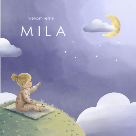 Dromerig paars geboortekaartje met meisje in het gras en maan