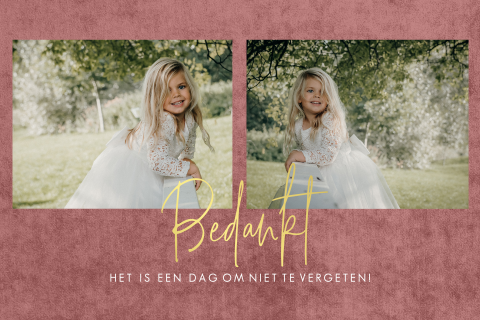 Bedankkaart communie met twee foto's op roze velvet-look en goudfolie