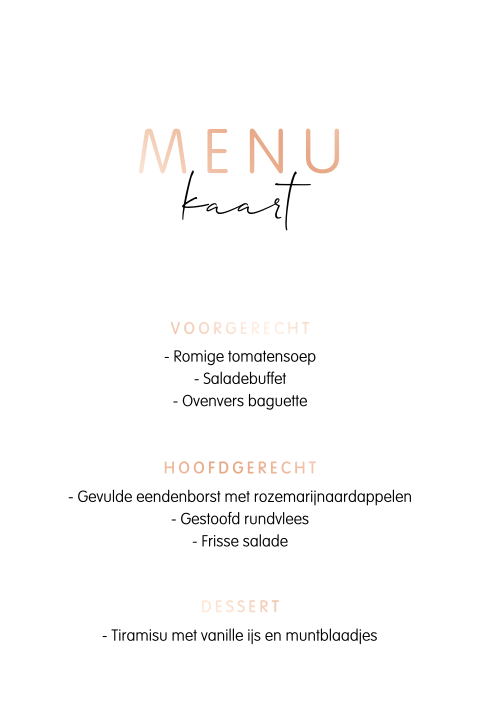 Eenvoudige menukaart met roségoudfolie tekst