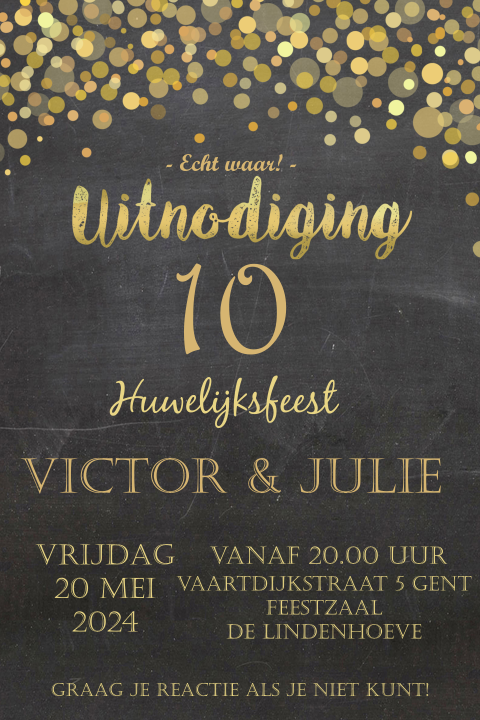 Jubileumkaart 10 jaar met goudkleurige confetti op krijtbord