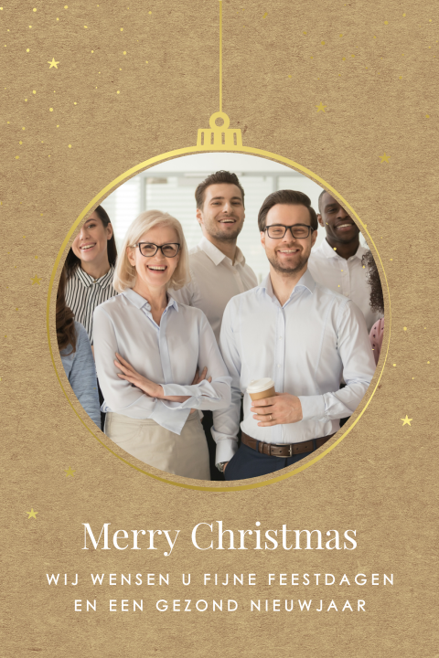 Zakelijke kerstkaart met foto in kerstbal en goudfolie