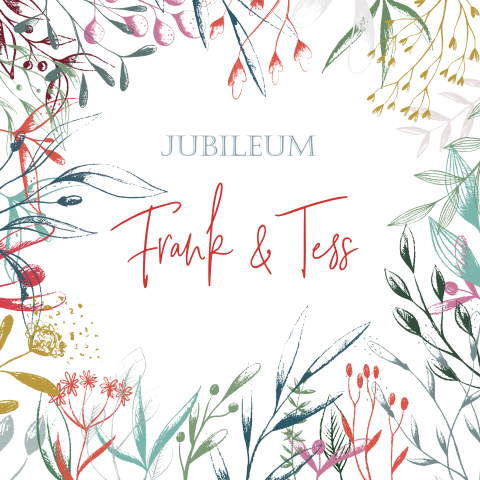 Unieke jubileum kaart met hippe kleurrijke takjes en bloemetjes