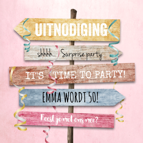 Vrolijke uitnodiging surprise party vrouw met kleurrijke wegwijzer