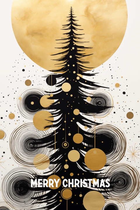 Kerstkaart grafisch kerstboom zwart goud