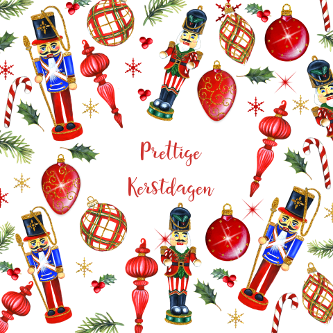Vrolijke kerstkaart met notenkrakers en kerstballen