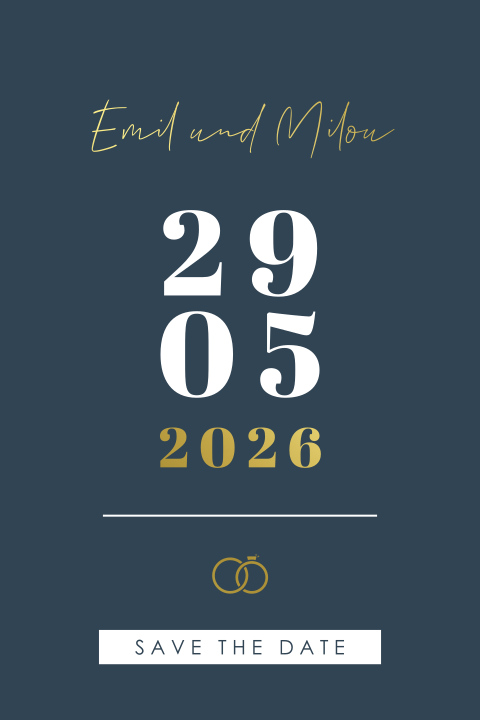 Chique Save the Date-kaart in blauw en goud