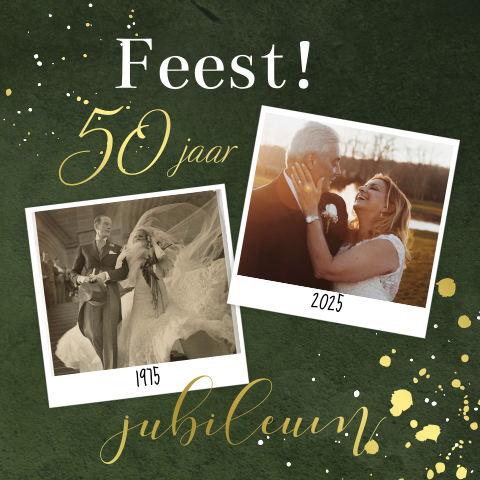 Goudfolie 50 jaar huwelijk uitnodiging foto's op groene achtergrond