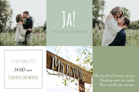 Trouwkaart met groene blokken en foto's