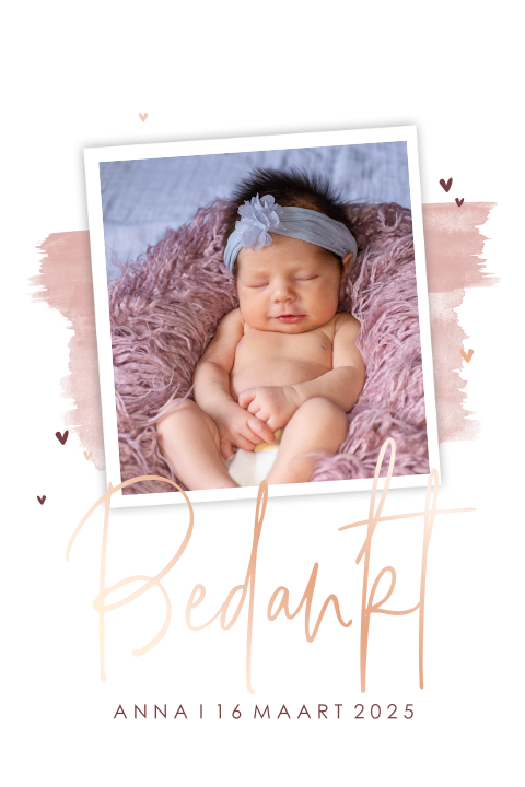 Bedankkaart in roségoudfolie met foto en roze verfstreep