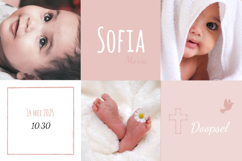 Roze doopkaartje met foto's en duif