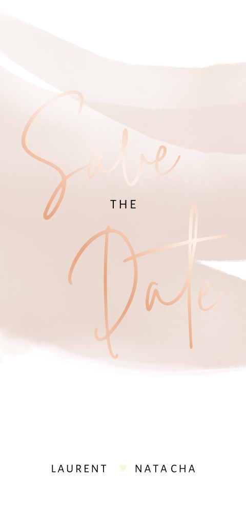 Chique save the date kaart met "ja" in roségoudfolie en waterverf