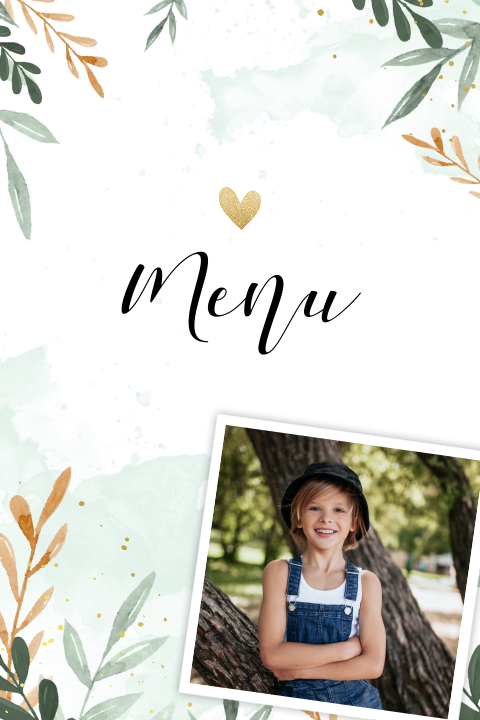 Menukaart met foto's en takjes in waterverf