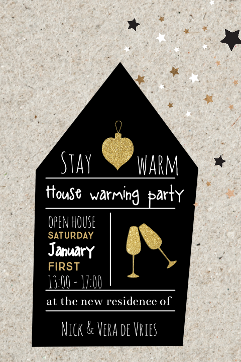 Kerst-verhuiskaart met zwart huisje op kraftlook achtergrond