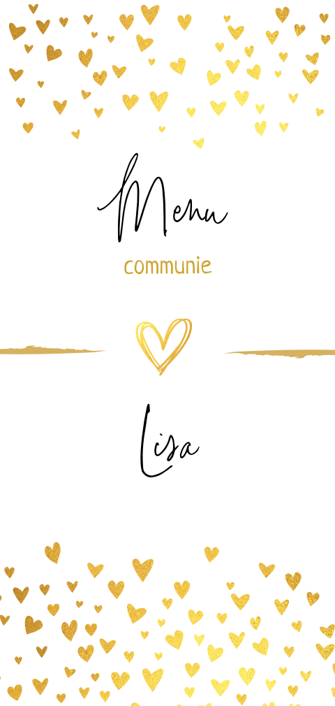 Mooie menukaart voor een communie met gouden hartjes