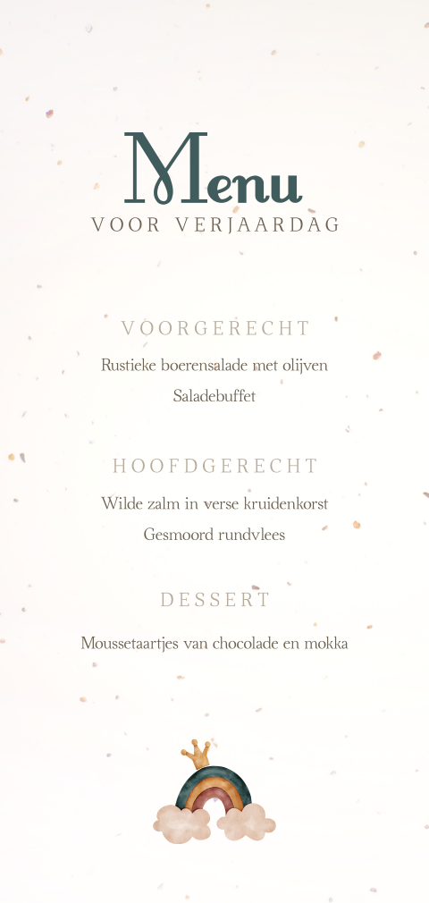 Menukaart met regenboogje en kroontje op duurzaam papier