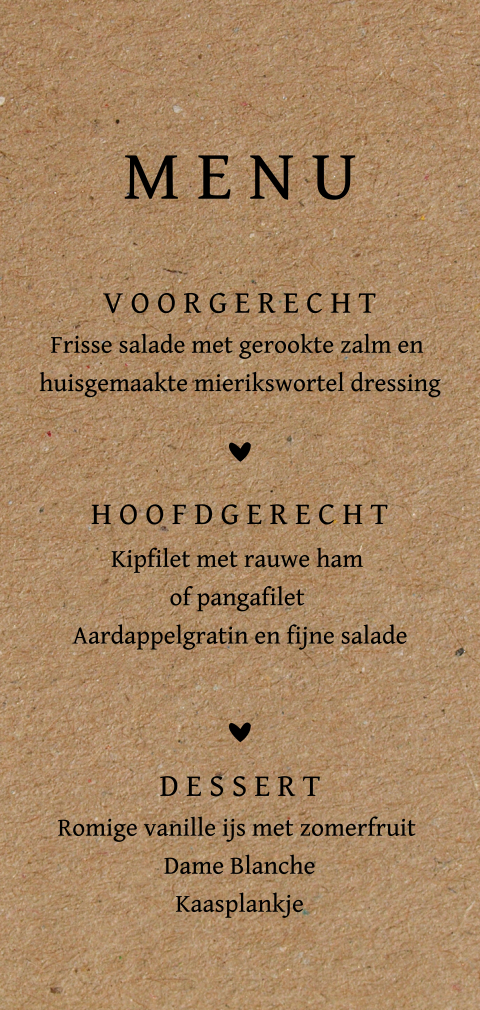 Stoere menukaart met zwarte tekst op kraft-look