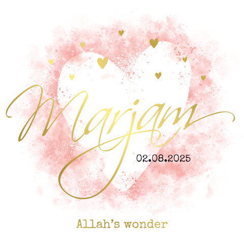 Islamitische geboortekaart met watercolor hartje en goudfolie