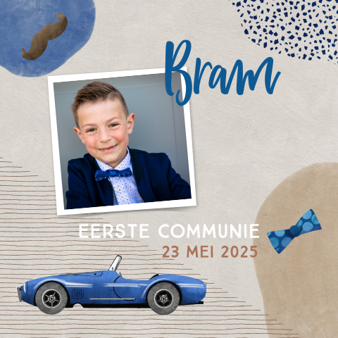 Stoere communiekaart jongen met auto, snoer en strikje