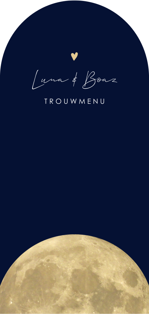 Menukaart met maan en sierlijke letters op donkerblauw