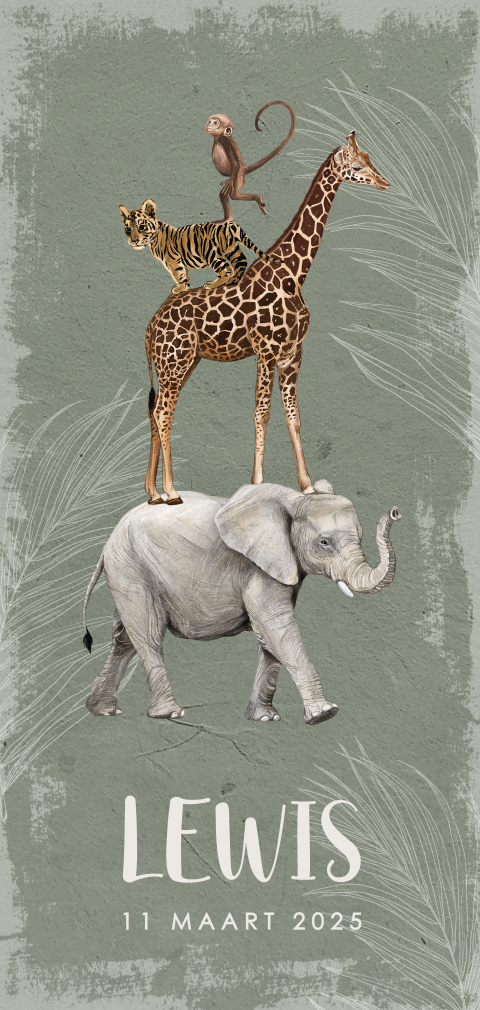Origineel en vintage geboortekaartje met jungle dieren