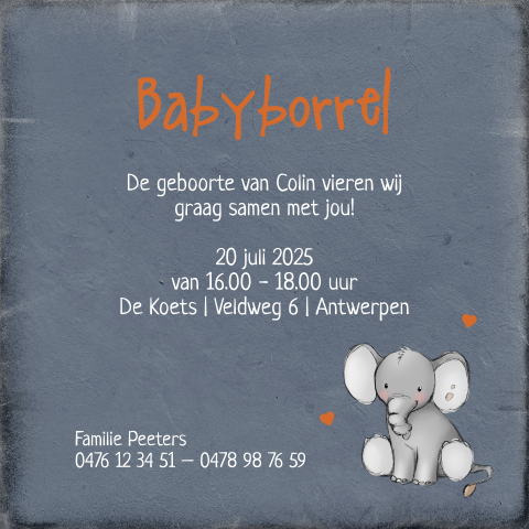 Babyborrel uitnodiging met olifantje
