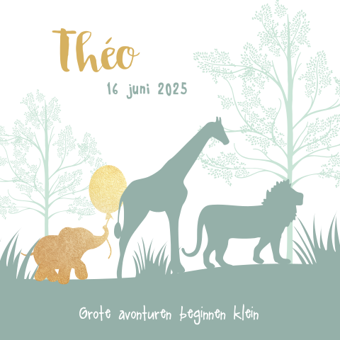 Schattige geboortekaart met jungle dieren en bomen