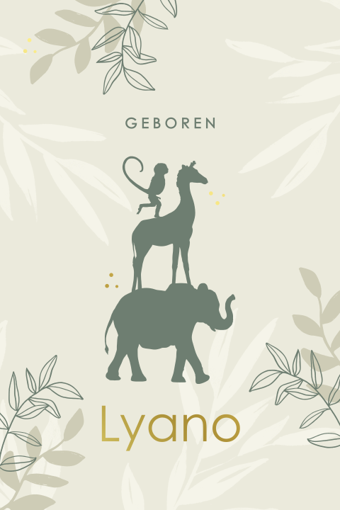 Geboortekaartje met olifant, giraf en aapje