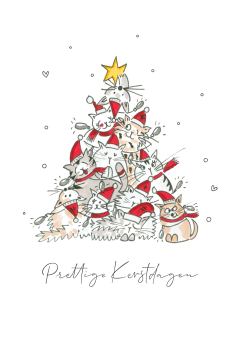Kerstkaart met kerstboom van katten