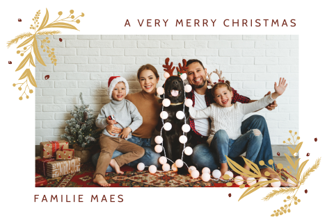 Hippe kerstkaart met familie foto en kersttakjes