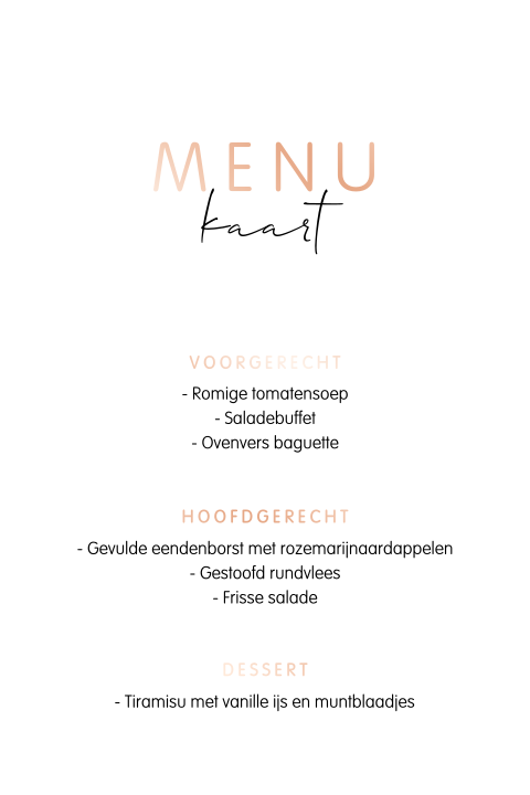 Eenvoudige menukaart met roségoudfolie tekst