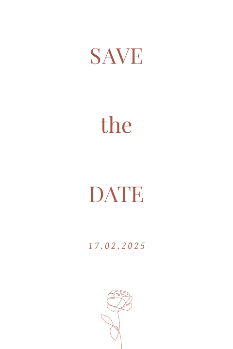 Save the Date kaart met oranje tekst en lijntekening van een roos