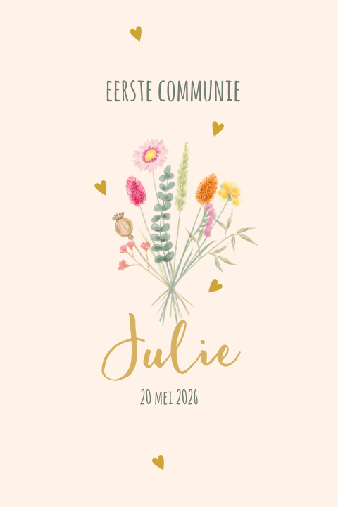 Trendy communiekaart met veldbloemen en hartjes