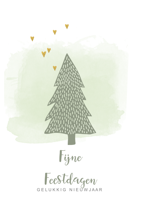 Hippe kerstkaart met kerstboom hartjes en waterverf