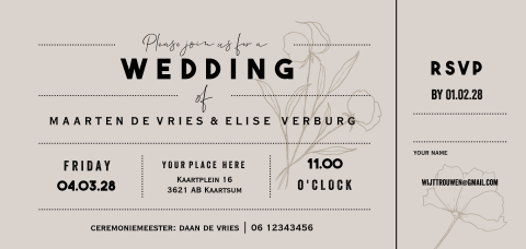 Nude trouwkaart festival ticket met bloem