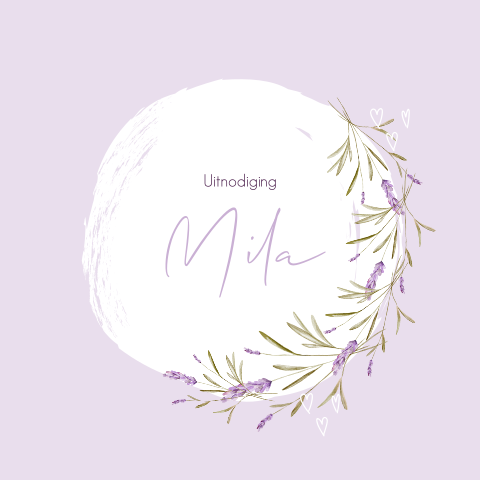 Lila uitnodiging communie meisje met krans van lavendel