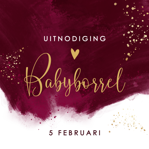 Babyborrelkaartje met gouden hartje en donker rode watercolour