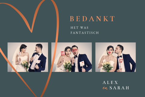 Moderne bedankkaart met drie foto's en groot hart op petrol achtergrond