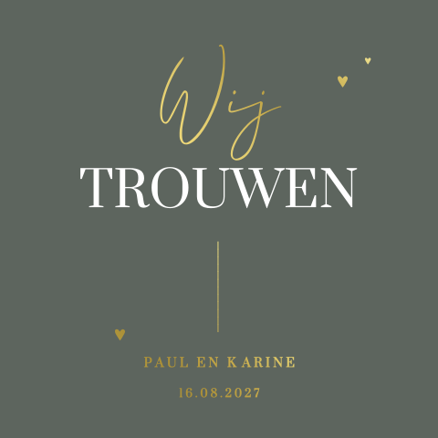 Moderne trouwkaart met goudfolie op donkergroene achtergrond