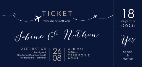 Trouwkaart in donkerblauw in de stijl van een vliegticket