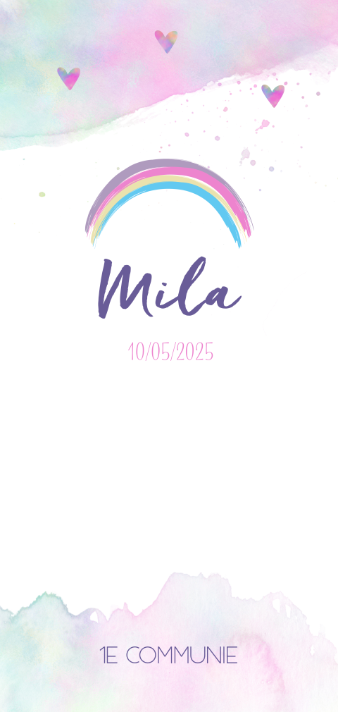 Leuk communiekaartje met regenboog en pastelkleuren
