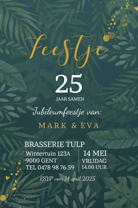Hippe uitnodiging 25 jarig huwelijk met botanische bladeren