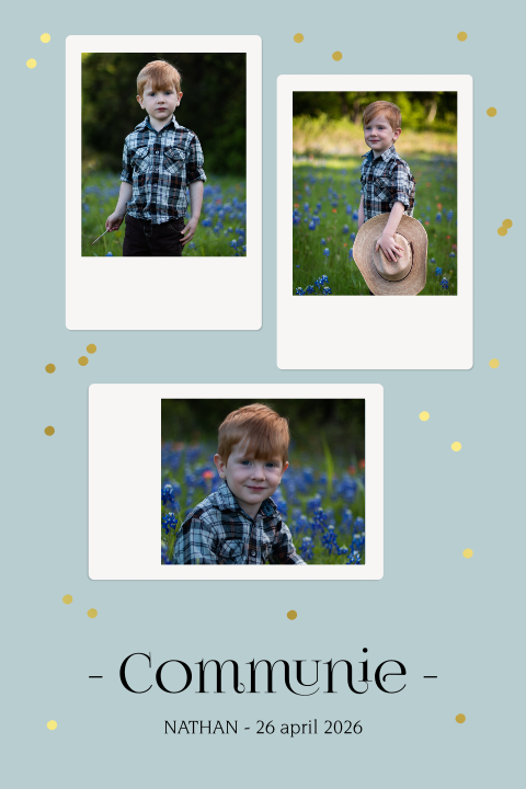 Blauwe communiekaart met polaroids en gouden confetti