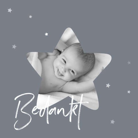 Blauw bedankkaartje met een stervormige babyfoto