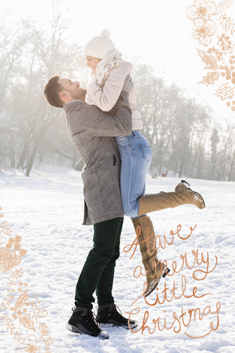 kerstkaart met foto en een sierlijk lettertype in koperlook
