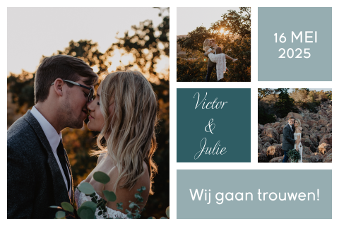 Moderne uitnodiging huwelijk met foto's en blauwe vakken