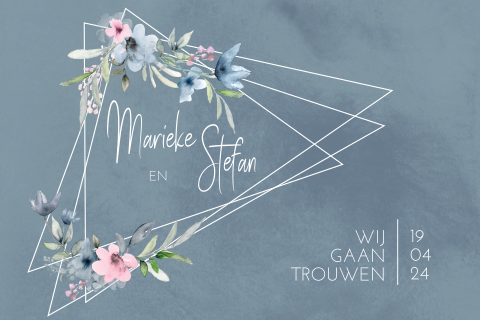 Blauwe trouwkaart met geometrisch figuur en bloemen