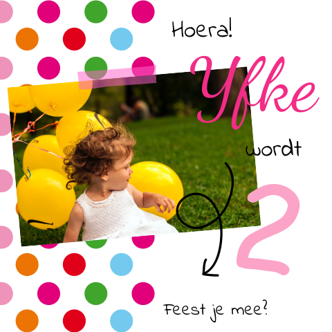 Lief kaartje kinderfeestje meisje 2 jaar met stippen