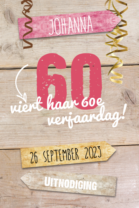 Uitnodiging 60 jaar met wegwijzer en slingers