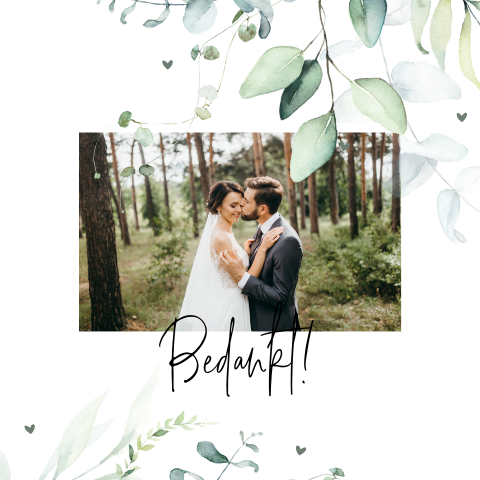 Botanische bedankkaart met sierlijke letters en foto